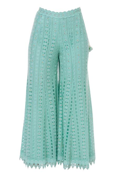 Shop_Vandana Sethi_Blue Net Chikankari Crop Top Palazzo Set_Online_at_Aza_Fashions