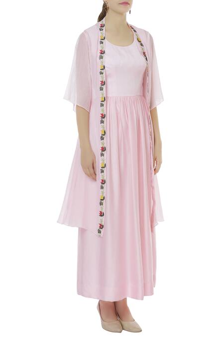 Desert Shine By Sulochana Jangir_Pink Modal Satin Dress U Neckline Embroidered Jacket With _Online_at_Aza_Fashions