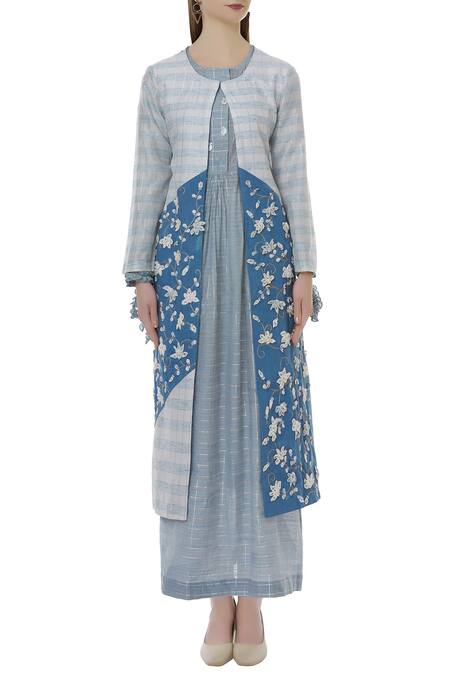 Aalyxir_Blue Chanderi Hand Embroidered Jacket_Online_at_Aza_Fashions