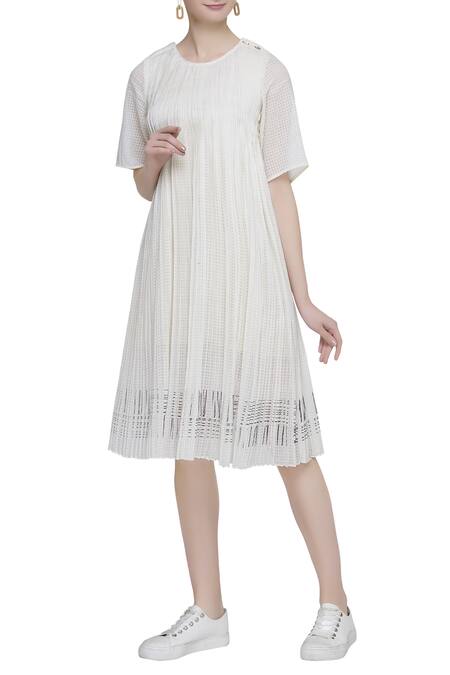 Buy Off White Cotton Block Print Round Neck Pleated Dress For Women by  Urvashi Kaur Online at Aza Fashions.