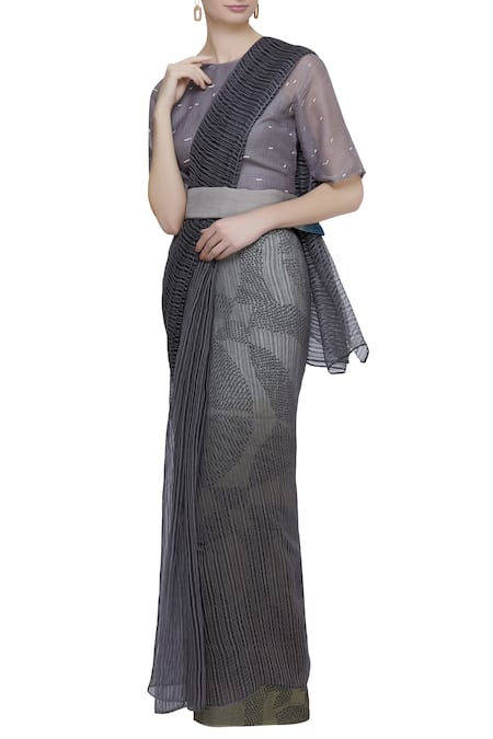 Urvashi Kaur_Black Organic Cotton Shibori Dye Saree _Online_at_Aza_Fashions