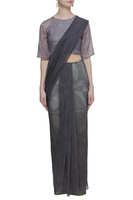 Buy_Urvashi Kaur_Black Organic Cotton Shibori Dye Saree _Online_at_Aza_Fashions