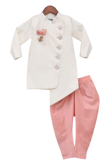 Fayon Kids_Peach Cotton, Silk Beads Overlap Kurta Pant Set _Online_at_Aza_Fashions