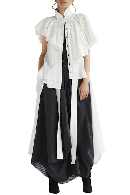 Chola White Asymmetric Ruffle Cotton Shirt