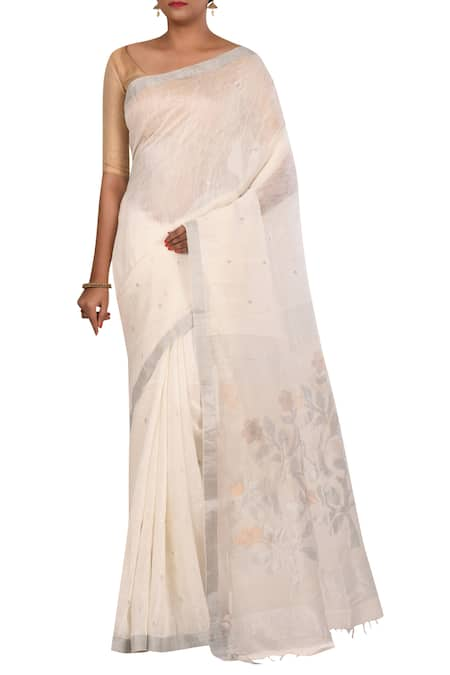 Adara Khan White Pure Linen Saree Wiith Running Blouse