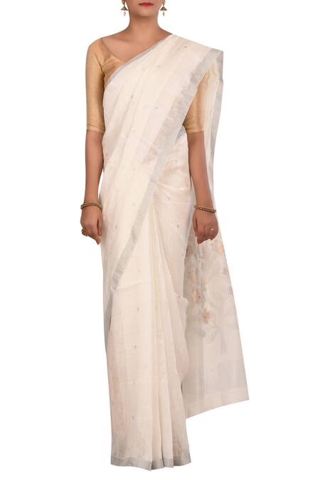 Adara Khan_White Pure Linen Saree Wiith Running Blouse_Online_at_Aza_Fashions
