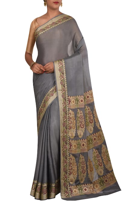 Nazaakat by Samara Singh Grey Banarasi Cotton Georgette Silk Pure Saree