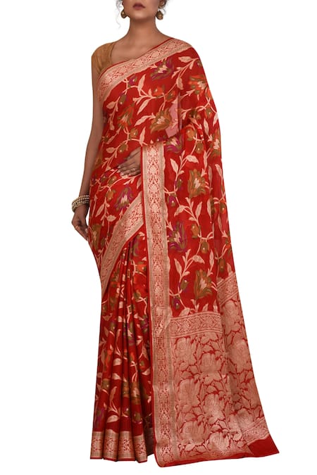 Nazaakat by Samara Singh Red Banarasi Cotton Georgette Silk Pure Saree