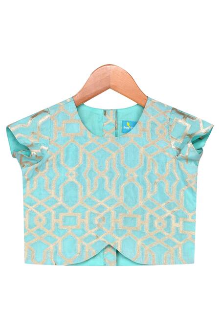 Free Sparrow_Blue Organza Woven Blouse With Printed Lehenga _Online_at_Aza_Fashions