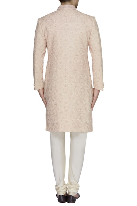 Shop Vanshik Peach Silk Embroidered Sherwani Set at Aza Fashions Shop_Vanshik_Peach Silk Embroidered Sherwani Set _at_Aza_Fashions