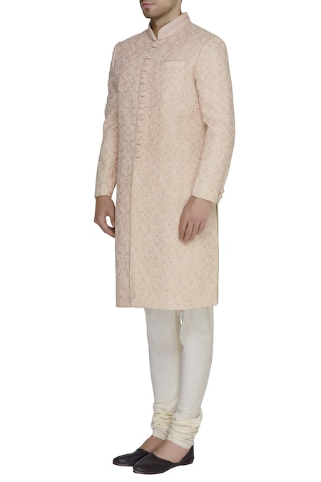 Vanshik Peach Silk Embroidered Sherwani Set Online at Aza Fashions Vanshik_Peach Silk Embroidered Sherwani Set _Online_at_Aza_Fashions