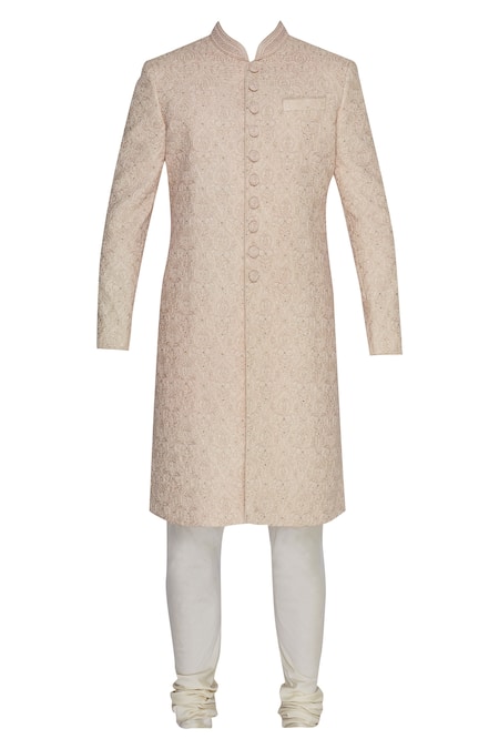 Buy Vanshik Peach Silk Embroidered Sherwani Set Online at Aza Fashions Buy_Vanshik_Peach Silk Embroidered Sherwani Set _Online_at_Aza_Fashions