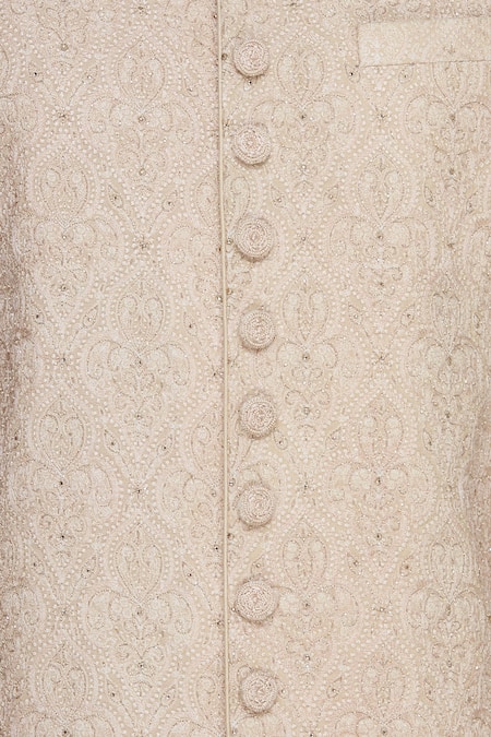 Vanshik Peach Silk Embroidered Sherwani Set at Aza Fashions Vanshik_Peach Silk Embroidered Sherwani Set _at_Aza_Fashions