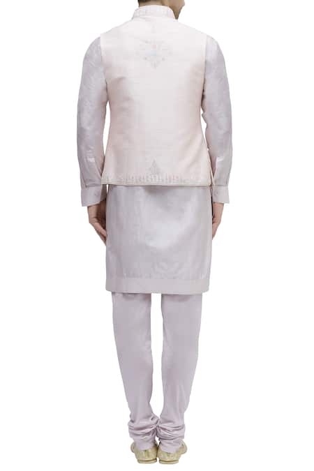 Shop_Vanshik_Peach Raw Silk Embroidery Bundi Kurta Set _at_Aza_Fashions