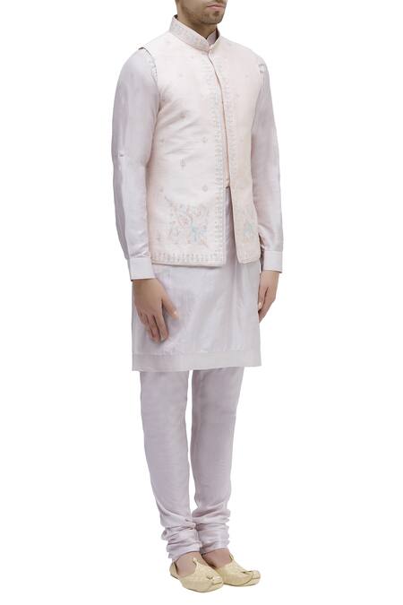 Vanshik_Peach Raw Silk Embroidery Bundi Kurta Set _Online_at_Aza_Fashions