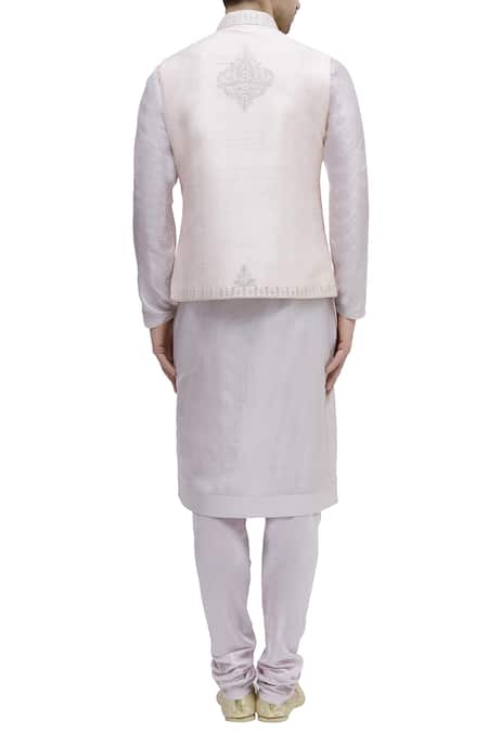 Shop_Vanshik_Peach Raw Silk Embroidered Bundi Kurta Set _at_Aza_Fashions