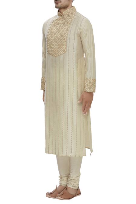 Ekam By Manish_Beige Cotton Silk Thread Embroidery Overlap Kurta Set_Online_at_Aza_Fashions