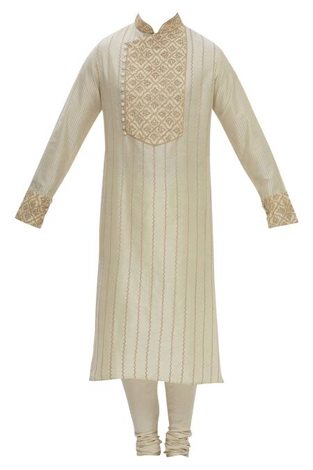 Buy_Ekam By Manish_Beige Cotton Silk Thread Embroidery Overlap Kurta Set_Online_at_Aza_Fashions