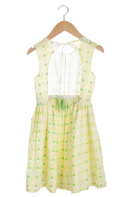 Shop MI Dulce AN'YA Yellow Organic Cotton Printed Dress at Aza Fashions Shop_MI Dulce AN'YA_Yellow Organic Cotton Printed Dress _at_Aza_Fashions
