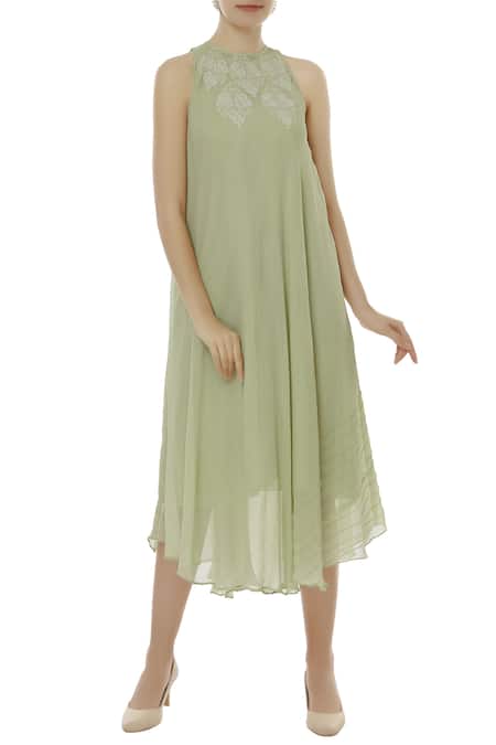 Myra By Anju Narain Green Chiffon Chikankari Embroidered Dress