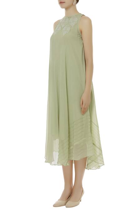 Myra By Anju Narain_Green Chiffon Chikankari Embroidered Dress_Online_at_Aza_Fashions
