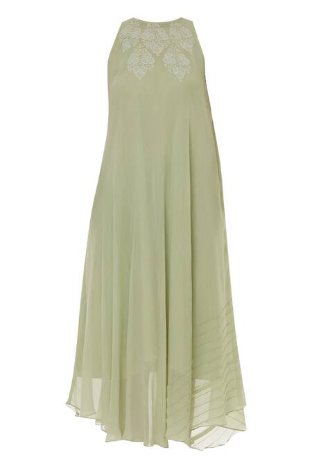 Shop_Myra By Anju Narain_Green Chiffon Chikankari Embroidered Dress_Online_at_Aza_Fashions