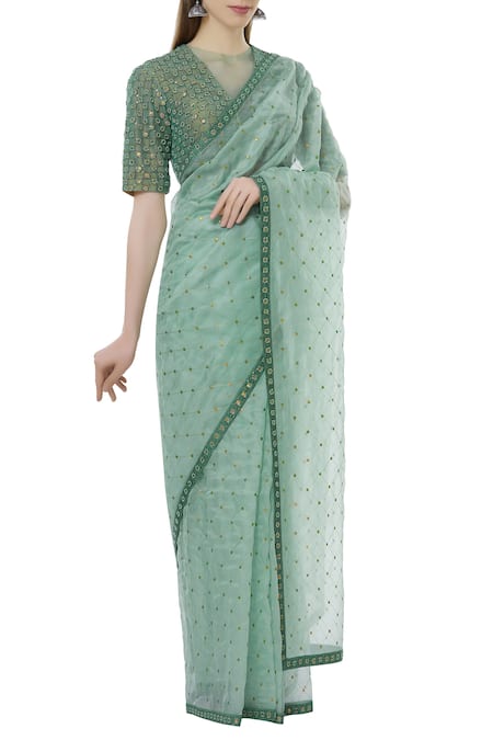 DNU Priyal Prakash Green Organza Embroidered Saree Set