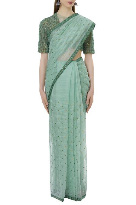 Dnu Priyal Prakash Green Organza Embroidered Saree Set Online at Aza Fashions Dnu Priyal Prakash_Green Organza Embroidered Saree Set_Online_at_Aza_Fashions