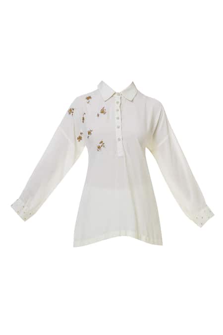 Shop_Neeta Bhargava_Off White Silk, Organic Stand Fall Collar High Low Tunic _Online_at_Aza_Fashions