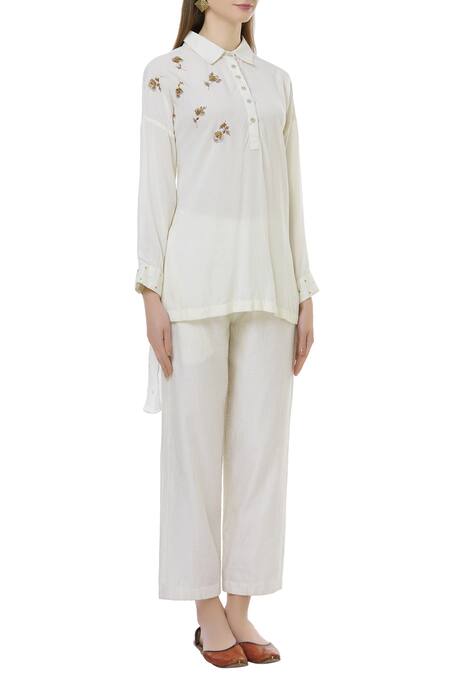 Neeta Bhargava_Off White Silk, Organic Stand Fall Collar High Low Tunic _Online_at_Aza_Fashions