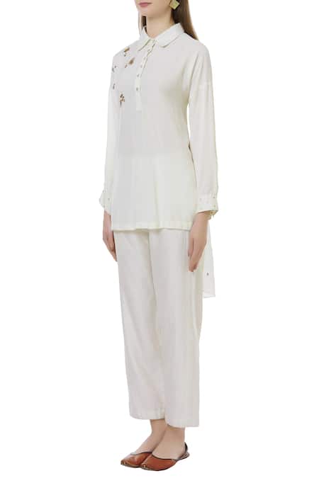 Buy_Neeta Bhargava_Off White Silk, Organic Stand Fall Collar High Low Tunic _Online_at_Aza_Fashions