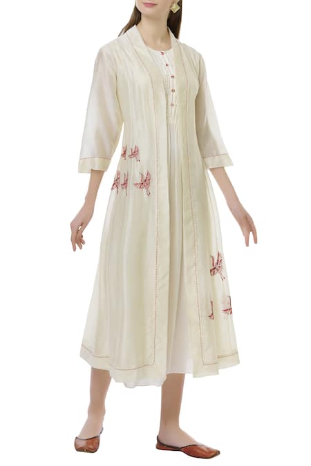 Neeta Bhargava Off White Silk, Organic Dress Round Neckline Midi With Jacket 