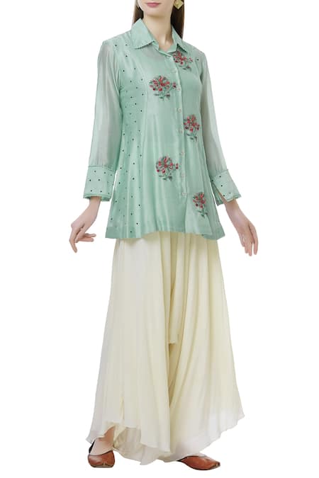 Neeta Bhargava Green Cotton Silk Shirt Stand Fall Collarinner Round Embroidered Tunic 