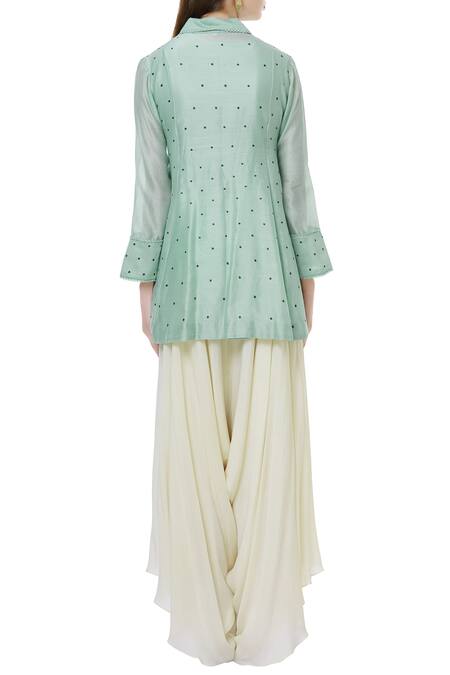 Shop Neeta Bhargava Green Cotton Silk Shirt Stand Fall Collarinner Round Embroidered Tunic at Aza Fashions Shop_Neeta Bhargava_Green Cotton Silk Shirt Stand Fall Collarinner Round Embroidered Tunic _at_Aza_Fashions