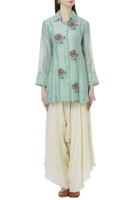 Buy Neeta Bhargava Green Cotton Silk Shirt Stand Fall Collarinner Round Embroidered Tunic Online at Aza Fashions Buy_Neeta Bhargava_Green Cotton Silk Shirt Stand Fall Collarinner Round Embroidered Tunic _Online_at_Aza_Fashions