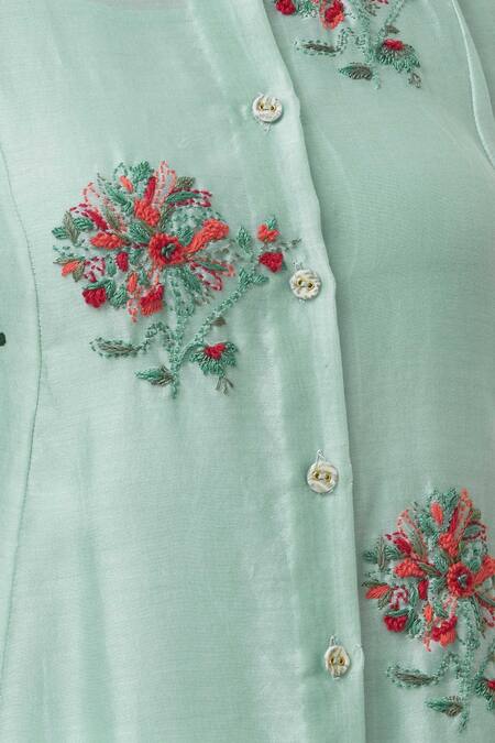 Neeta Bhargava Green Cotton Silk Shirt Stand Fall Collarinner Round Embroidered Tunic at Aza Fashions Neeta Bhargava_Green Cotton Silk Shirt Stand Fall Collarinner Round Embroidered Tunic _at_Aza_Fashions