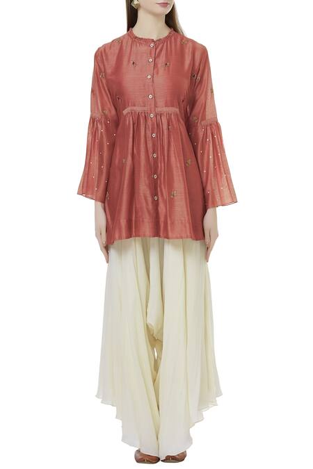 Buy_Neeta Bhargava_Red Cotton Silk Inner Round Neckline, Tunic Embroidered _Online_at_Aza_Fashions