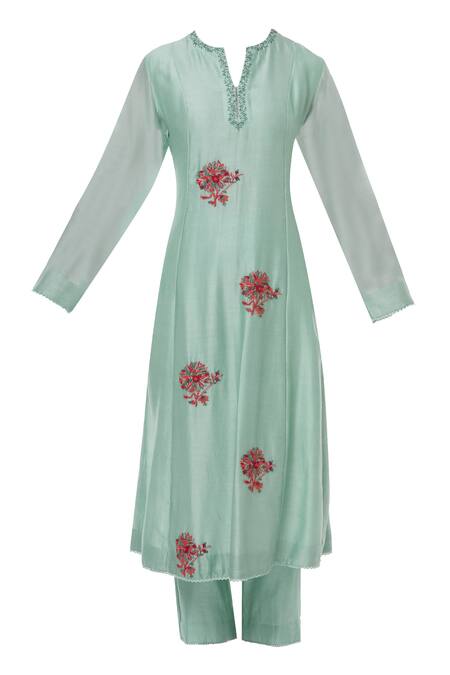 Buy_Neeta Bhargava_Green Cotton Silk Round Neck Embroidered Kurta Set _Online_at_Aza_Fashions