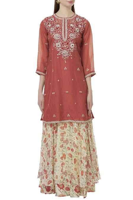 Neeta Bhargava Red Organza, Cotton Silk Inner Round Neckline, Kurta Embroidered Lehenga Set Online at Aza Fashions Neeta Bhargava_Red Organza, Cotton Silk Inner Round Neckline, Kurta Embroidered Lehenga Set _Online_at_Aza_Fashions