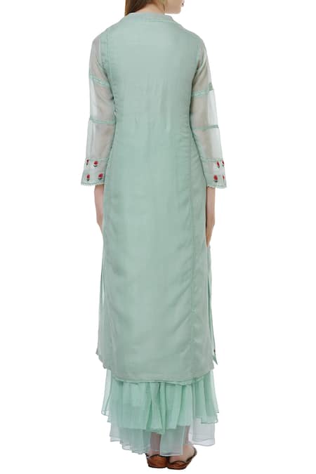 Shop Neeta Bhargava Green Silk, Cotton, Organza Inner V Neckline, Kurta Embroidered Set at Aza Fashions Shop_Neeta Bhargava_Green Silk, Cotton, Organza Inner V Neckline, Kurta Embroidered Set _at_Aza_Fashions