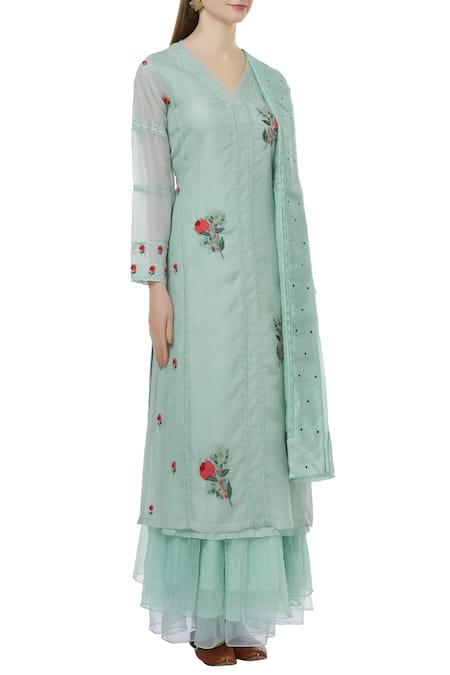 Neeta Bhargava Green Silk, Cotton, Organza Inner V Neckline, Kurta Embroidered Set Online at Aza Fashions Neeta Bhargava_Green Silk, Cotton, Organza Inner V Neckline, Kurta Embroidered Set _Online_at_Aza_Fashions