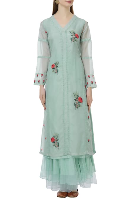 Buy Neeta Bhargava Green Silk, Cotton, Organza Inner V Neckline, Kurta Embroidered Set Online at Aza Fashions Buy_Neeta Bhargava_Green Silk, Cotton, Organza Inner V Neckline, Kurta Embroidered Set _Online_at_Aza_Fashions