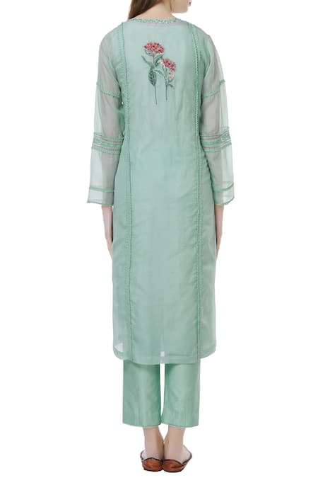 Shop Neeta Bhargava Green Silk, Cotton, Organza Round Neck Embroidered Kurta at Aza Fashions Shop_Neeta Bhargava_Green Silk, Cotton, Organza Round Neck Embroidered Kurta _at_Aza_Fashions