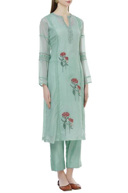 Neeta Bhargava Green Silk, Cotton, Organza Round Neck Embroidered Kurta Online at Aza Fashions Neeta Bhargava_Green Silk, Cotton, Organza Round Neck Embroidered Kurta _Online_at_Aza_Fashions