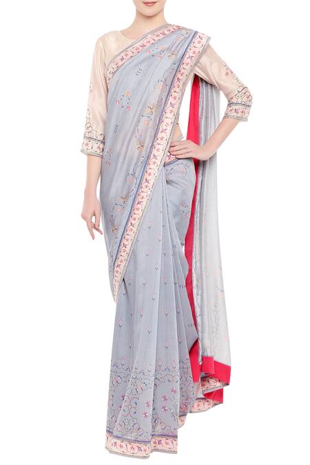 Soup By Sougat Paul_Blue Chanderi Round Printed Saree With Blouse_Online_at_Aza_Fashions