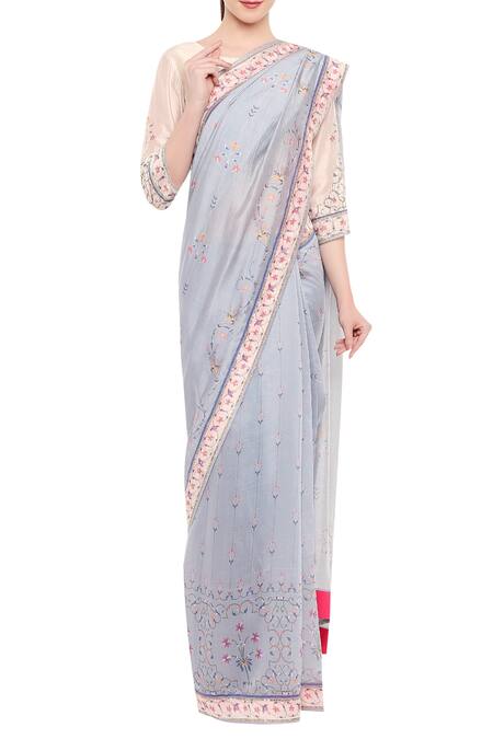 Buy_Soup By Sougat Paul_Blue Chanderi Round Printed Saree With Blouse_Online_at_Aza_Fashions