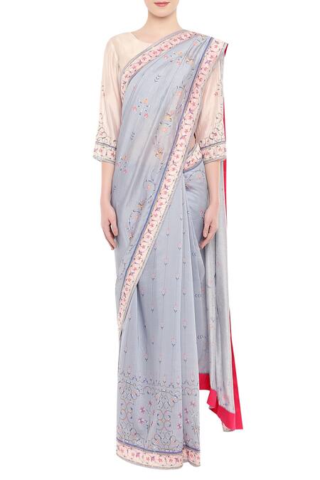 Shop_Soup By Sougat Paul_Blue Chanderi Round Printed Saree With Blouse_Online_at_Aza_Fashions