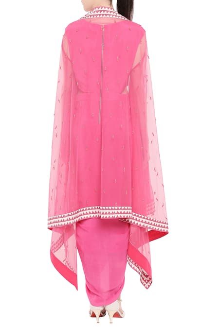 Shop Soup By Sougat Paul Pink Net, Crepe Sequin Round Neck Draped Dress With Embellished Cape at Aza Fashions Shop_Soup By Sougat Paul_Pink Net, Crepe Sequin Round Neck Draped Dress With Embellished Cape _at_Aza_Fashions