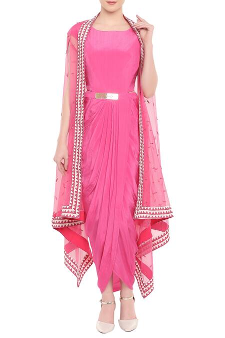 Soup By Sougat Paul Pink Net, Crepe Sequin Round Neck Draped Dress With Embellished Cape Online at Aza Fashions Soup By Sougat Paul_Pink Net, Crepe Sequin Round Neck Draped Dress With Embellished Cape _Online_at_Aza_Fashions