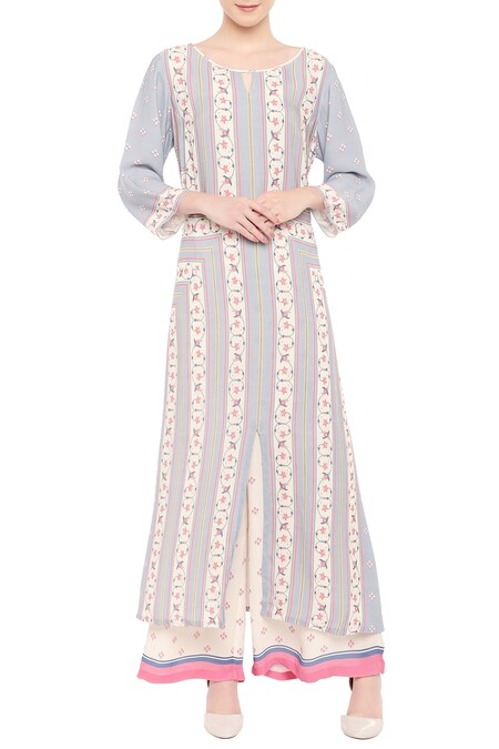 Soup by Sougat Paul Blue Georgette Kurta Keyhole Neck Printed Palazzo Set